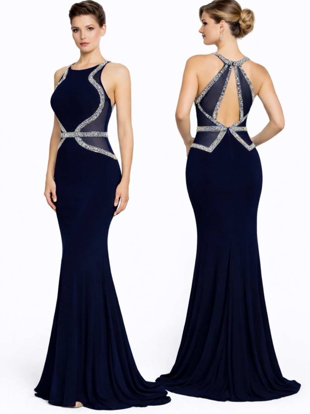 Jus D’Orange Navy Cut Out Embellished Prom Gown Glam Formal Dress Small
